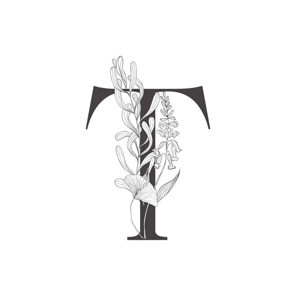 Blütenbotanisches Alphabet. Brief mit Pflanzen und Blumen. — Stockvektor