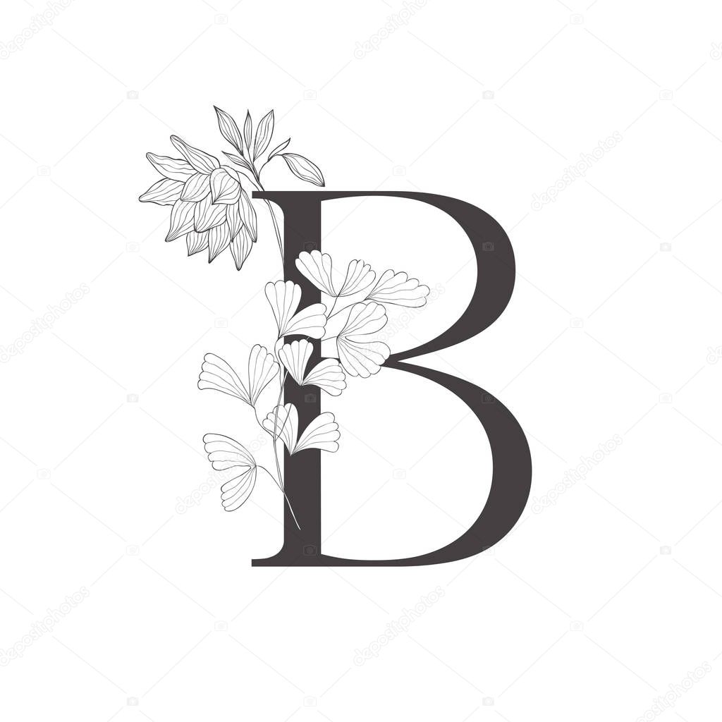 Floral botanical alphabet. Letter with plants and flowers.