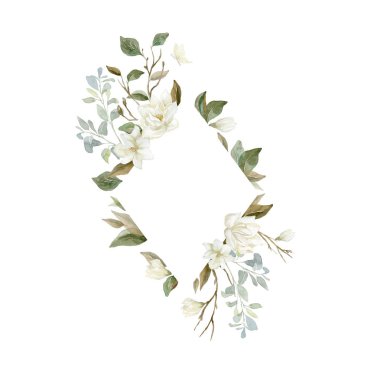 Bitkiler ve yapraklarla suluboya Manolya çerçevesi.