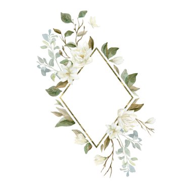 Bitkiler ve yapraklarla suluboya Manolya çerçevesi.