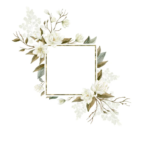 Watercolor Magnolia frame with plants and leaves. — Stock Photo, Image