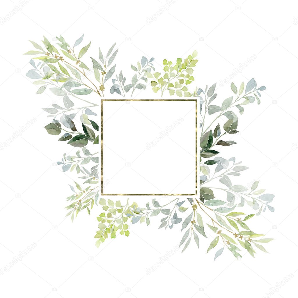 Watercolor Greenery frame with plants and leaves.