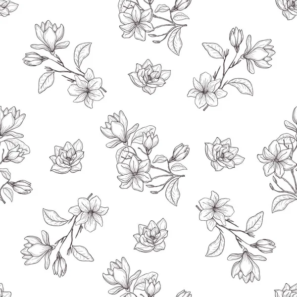 Seamless botanical line art pattern. Background with magnolia. — Stock Vector