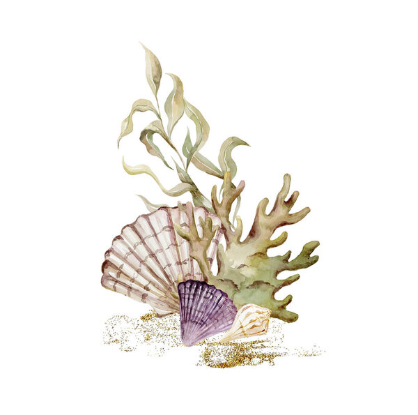 Print with seaweeds and shells. Underwater world