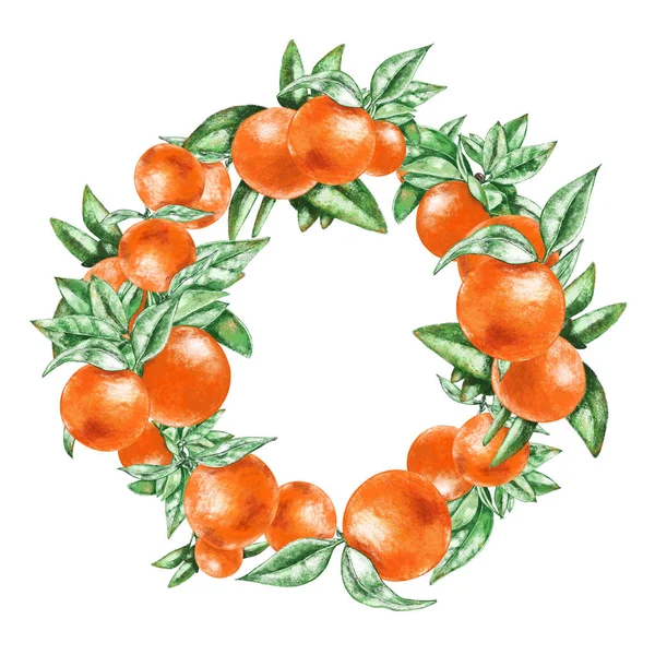 Wreath Hand Drawn Oranges Isolated White Background — Stockfoto