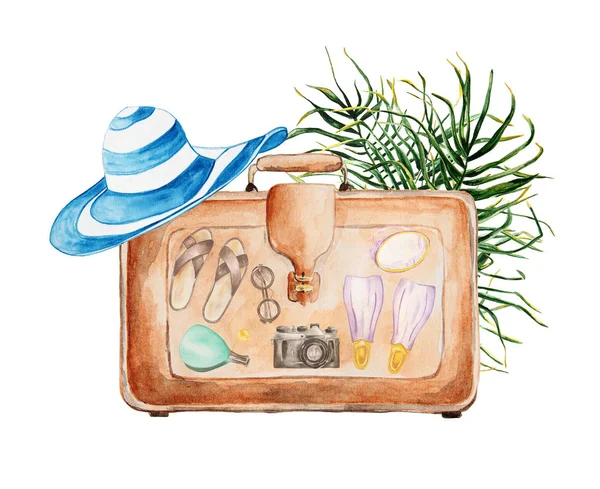 Travel Beach Hand Dras Akvarell Set Isolerade Vit Bakgrund — Stockfoto