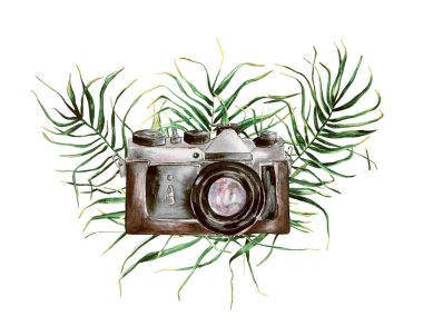 Beyaz arka plan üzerinde izole el çekilmiş suluboya fotoğraf makinesi. Vintage fotoğraf makinesi.