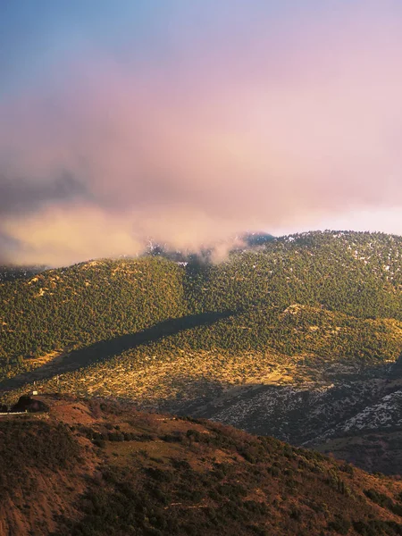 Západ Slunce Horách Obci Arachova Řecko — Stock fotografie