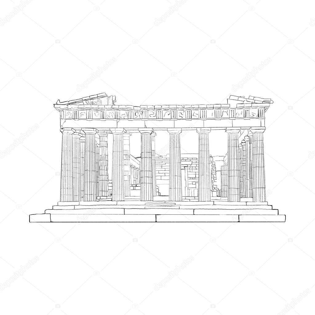 Hand drawn black and white illustration of Parthenon.Acropolis, Athens,Greece.