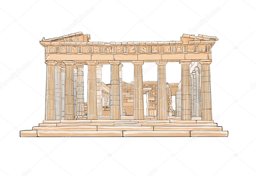 Hand drawn color illustration of Parthenon.Acropolis, Athens,Greece.