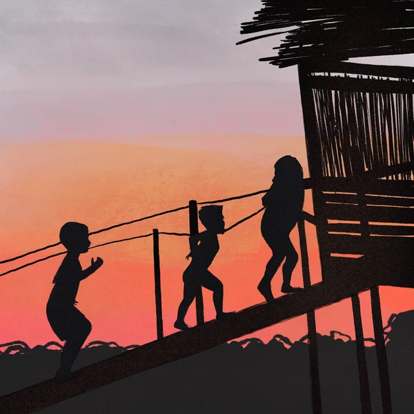 Children silhouettes at sunset.Children 's adventures.Hand drawn — стоковое фото