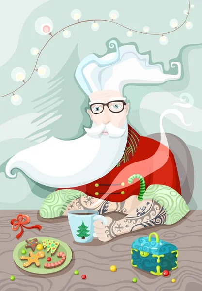 Illustratie Van Een Hipster Santa Met Een Kopje Cafe — Stockvector