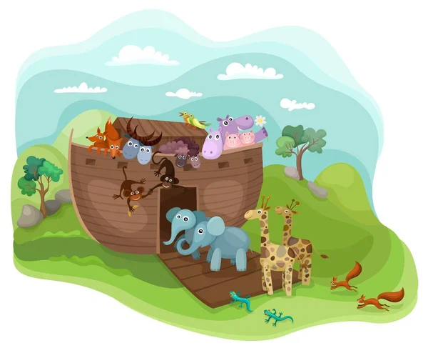 Noahs Arc Illustration Funny Cute Animals — Stock Vector