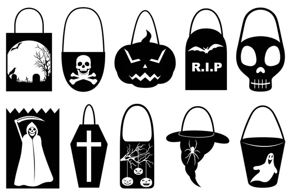 Conjunto Diferentes Trucos Halloween Tratar Bolsas Aisladas Blanco — Archivo Imágenes Vectoriales