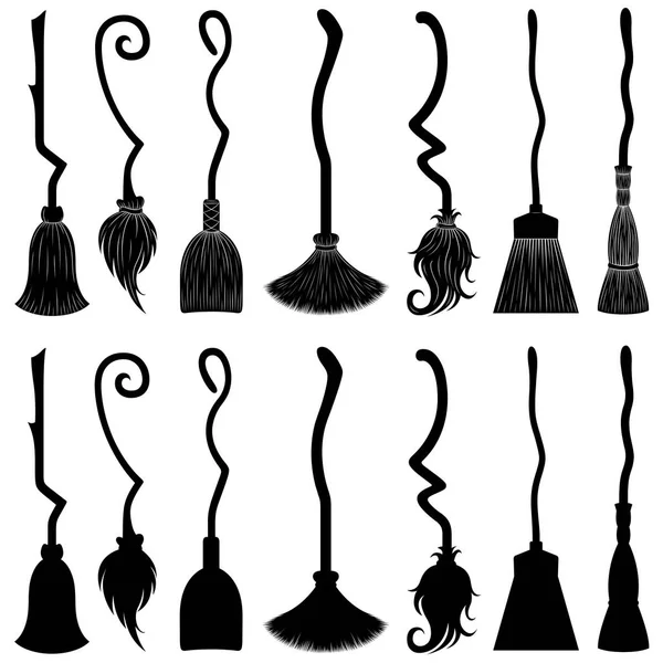 Set Different Witch Brooms Isolated White — Stock Vector