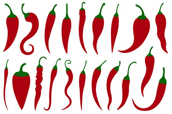 Készlet Ból Különböző Forró Piros Chili Paprika Elszigetelt Fehér — Stock Vector