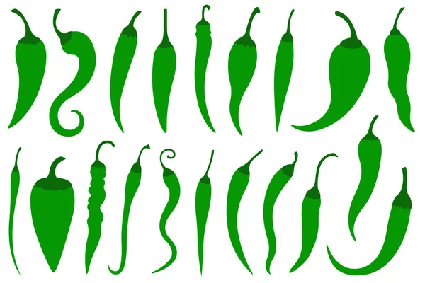 Set Different Green Hot Chili Peppers Isolated White — Stock Vector