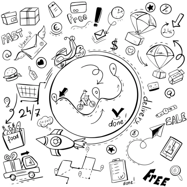 Çevrimiçi alışveriş simgelerinin el çizimleri..