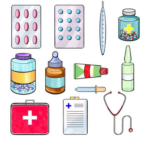 Pillen Und Flaschen Auf Weißem Hintergrund Handgezeichnete Elemente Von Arzneimitteln — Stockfoto