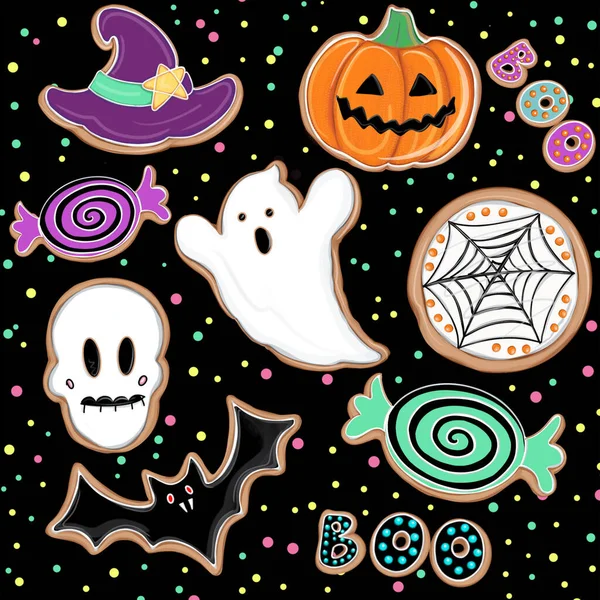 The collection of cute cat and candy and element for halloween party. Happy Halloween set of hand draw icons
