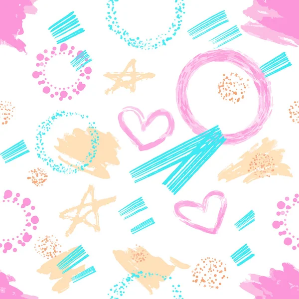 Kalpleri ve yıldızları olan parlak, pürüzsüz bir desen. Vektör soyut fırça darbeleri, elle çizilmiş tasarım elemanları ve şekli. Soyut arkaplan. Sevimli bebek deseni