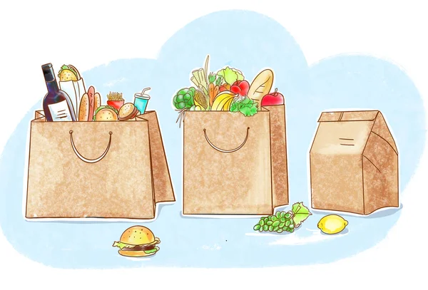 Farklı yiyeceklerin tam kağıt torbaları. Lezzetli yemek. Yemek dağıtımı..