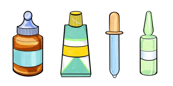 Ιατρικά χάπια και μπουκάλια εικονίδια που σε λευκό φόντο. Στοιχεία ζωγραφισμένα στο χέρι — Φωτογραφία Αρχείου
