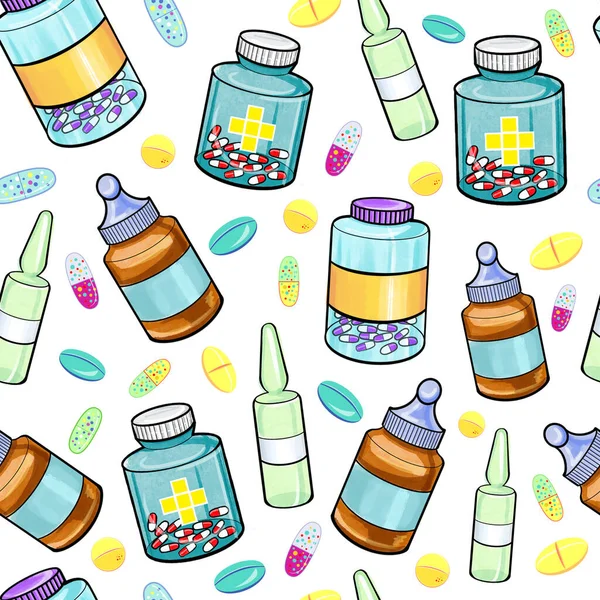 Tıbbi ilaçlar ve beyaz arka planda ikon desenleri. El çizimi ögeler