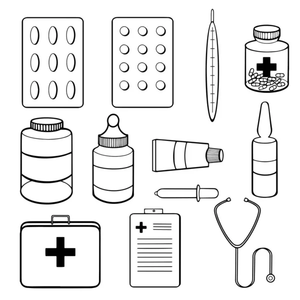 İlaç ve şişe ikonları beyaz arka plana yerleştirildi. Vektör ögeleri
