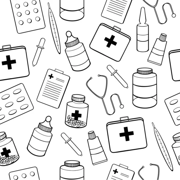 Beyaz arka planda tıbbi hap ve şişe ikonlarının vektör deseni.