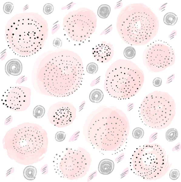 Cute vector pattern with round dotted elements and pink circles. Hand drawn pattern with round shapes in pastel pink color and black and grey dots texture on white background. — Stock Vector