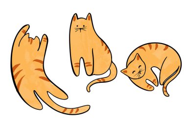 Bir grup komik kedi yalan söylüyor, oturuyor, kendini geriyor, uyuyor. Düz çizgi film vektör çizimi. Farklı pozları olan sevimli çizgi film kedisi seti.