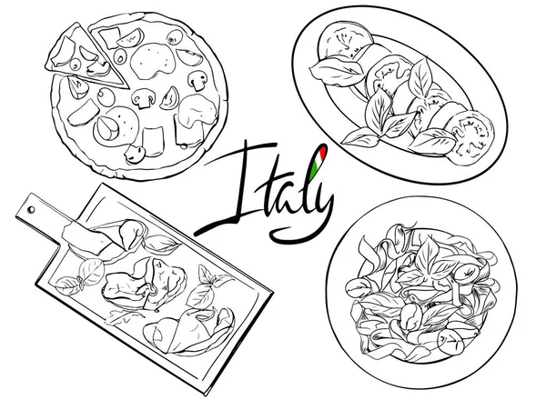 El yapımı İtalyan mutfağı. Çizgili sanat yemeği menüsü tasarımı. İtalya 'nın geleneksel yemekleri.