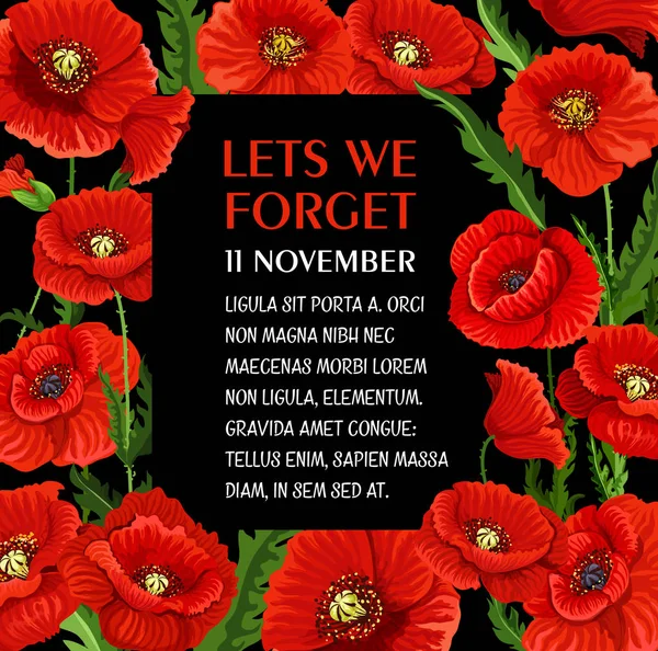 Remembrance day 11 November vector poppy poster — Stock Vector