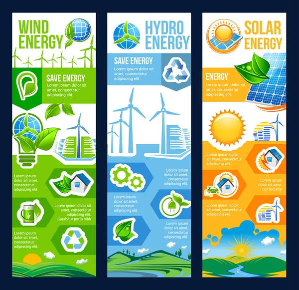 Save energy banner of solar, wind and hydro power — Stock Vector