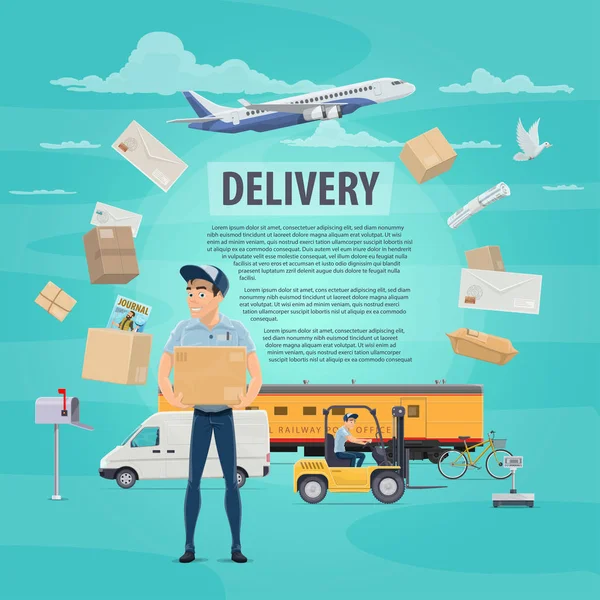Delivery of post mail service vector poster — Stock Vector