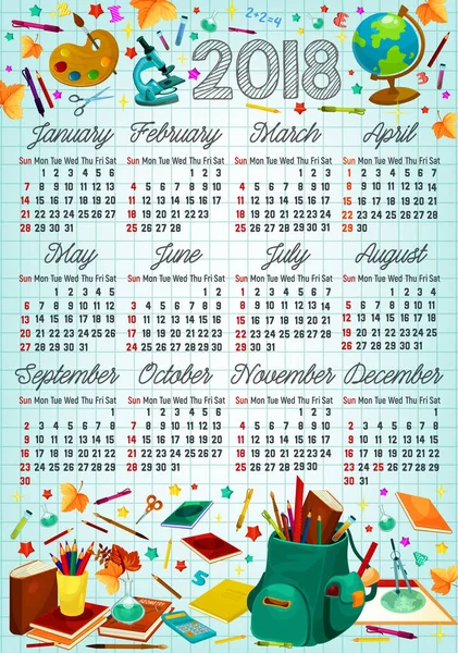 Back to school 2018 year calendar template design — Stock Vector