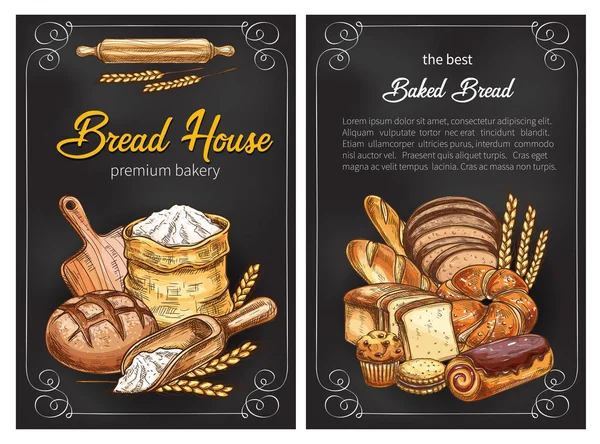 Διάνυσμα ψωμί σκίτσο αφίσες για premium αρτοποιίας — Διανυσματικό Αρχείο