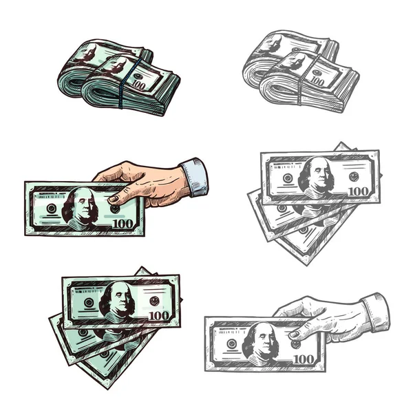 Dolarů a ruka s vektorem peníze skica ikony — Stockový vektor