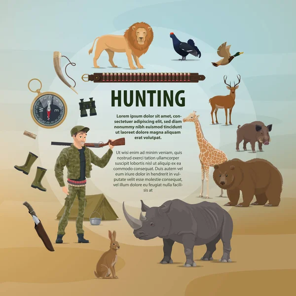 Vector Sjabloon Met Wilde Dieren Hunter Vector Poster Met Leeuw — Stockvector