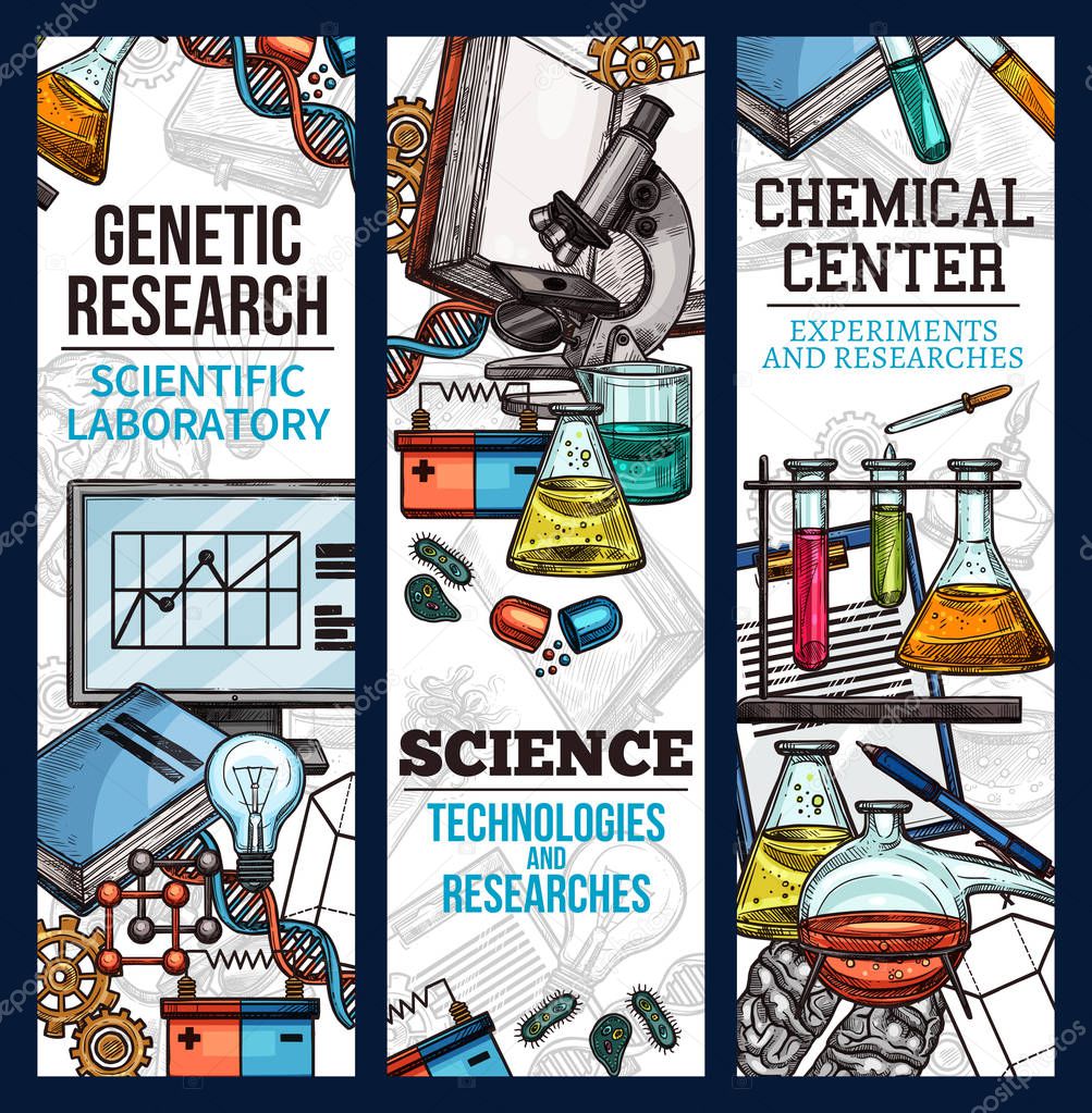 Scientific banner sketch style. Vector banners for chemical center, concept of experiments and researchers. Genetic research scientific laboratory concept. Banner with microscope, tubes, book, bulb