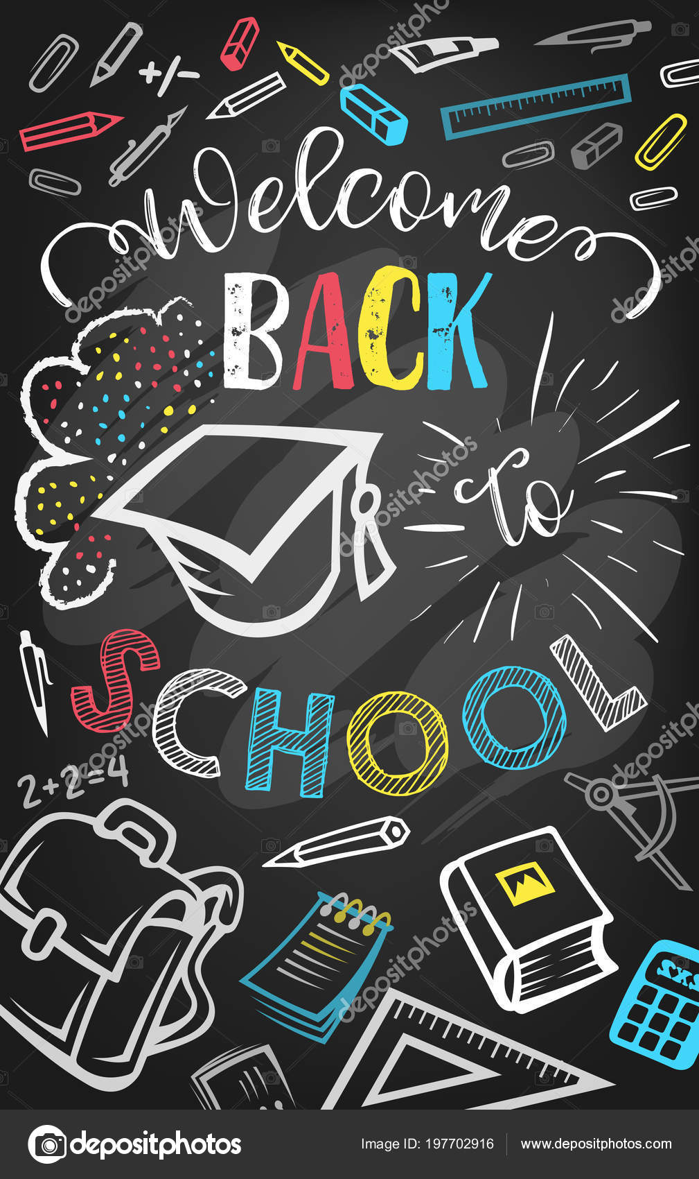 back to school poster with calculator and supplies in chalkboard