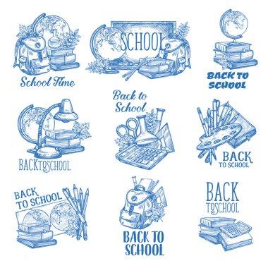 Okula geri mürekkep kalem kroki simgeler vektör