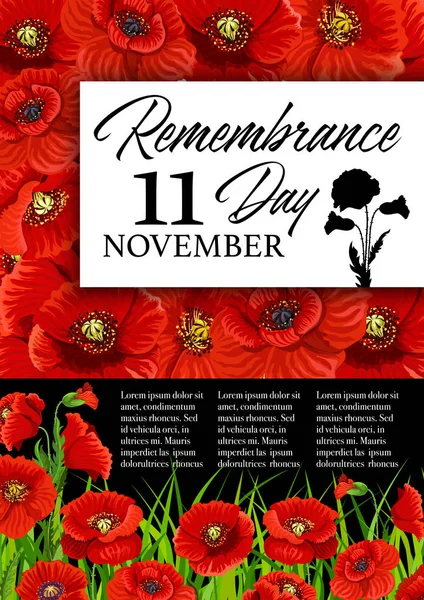 Remembrance Day poppy flower memorial card — Stock Vector