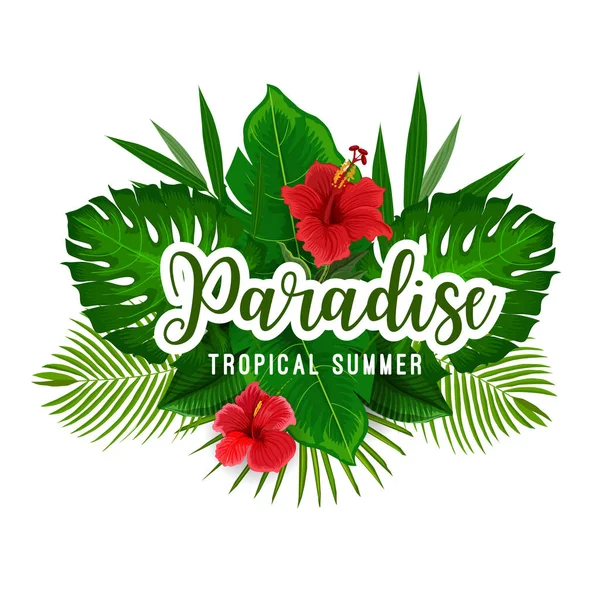 Palma tropical e cartaz de flores para férias de verão — Vetor de Stock