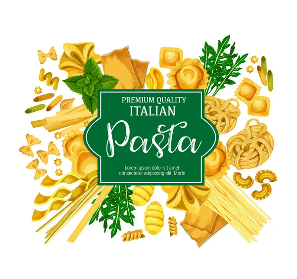 Cartel de pasta italiana con macarrones y hierbas — Vector de stock