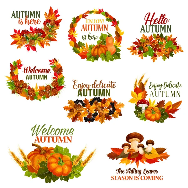 Autumn Welcome Hello Fall vector leaf wreath icons — Stock Vector