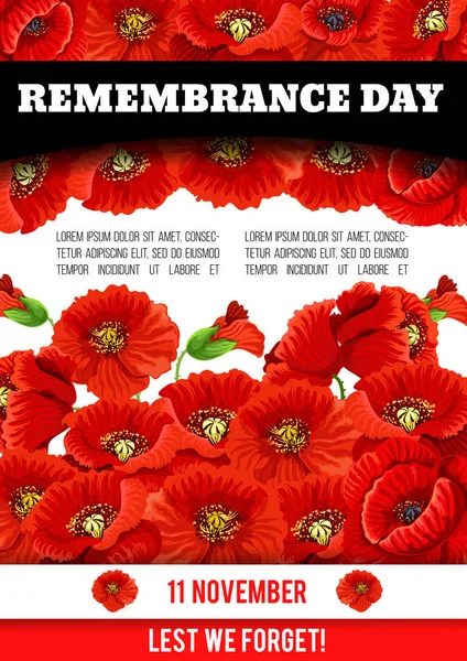 Vector poppy poster of Remembrance day 11 November — Stock Vector