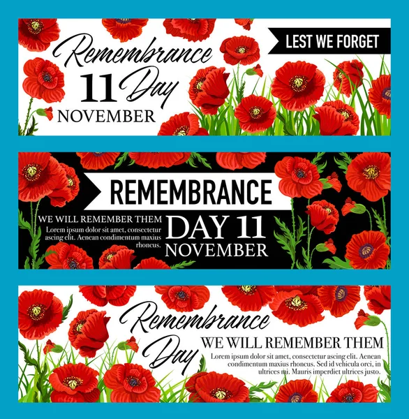 Remembrance Day Lest We Forget banner with poppy — Stock Vector