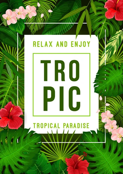 Tropischen Dschungel Palmblatt Und Exotische Blumen Banner Für Die Sommersaison — Stockvektor